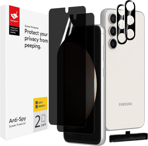 bersem [2+2 Pack Privacy Screen Protector for Samsung Galaxy S23 FE, 6.4 Inch with Tempered Glass Camera Lens Protector, Anti-Spy Flexible TPU Fil...