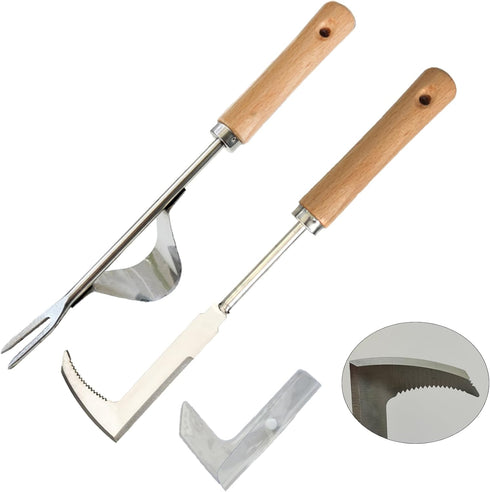 2 Pcs Stainless Steel Manual Weeder Tool Set - V-Shaped Fork & Crack Weeder for Deep Root Digging, Crevice Weeding Tool, Wood Handle Gardening Too...