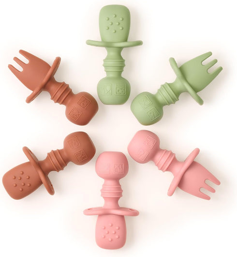 Baby Utensil Set (6 pcs) - Self Feeding Spoons - Silicone & BPA Free - Baby-Led Weaning (BLW) Supplies - Ages 6+ Months - Set of 6 - Brown, Green,...