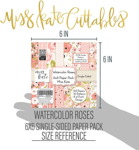 6x6 Pattern Paper Pack - Watercolor Roses - with Florals -Scrapbook Single-Sided-64 Sheets- 50% Smaller Patterns - by Miss Kate Cuttables...
