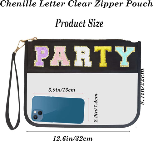 Jakiro Chenille Letter Clear Bag Zipper Pouch for Party, Preppy Makeup Bag Clear Cosmetic Toiletry Bag with Wrist Strap, Water-proof Makeup Travel...