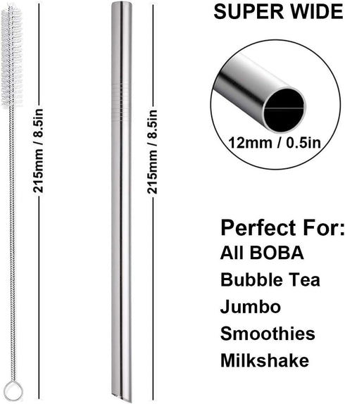 Boba Straws, Reusable Straw Metal Smoothies Jumbo Bubble Tea Tapioca Pearls Milkshake Straws, Pointed Stainless Steel Drinking Straws with Silicon...