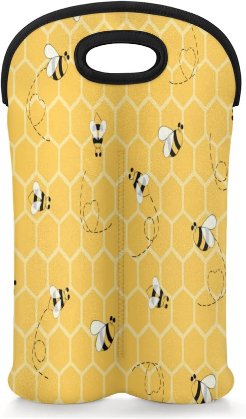 2 Bottle Wine Carrier Tote Bag Cute Bees Insulated Neoprene Portable Bottle Holder Great Gift for Wine Lover, Great for Picnics Travel BYOB, Outdo...