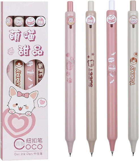 4 Pcs Gel Ink Pens Cartoon Retractable Pens Cute Cat Pen 0.5mm Black Ink Writing Pen Office School Supplies for Girls Womem (Dessert Cat)...