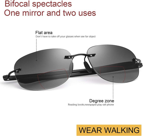 2 Pairs Rimless Bifocal Reading Glasses UV400 Protection Sunglasses Blue Light Blocking Lightweight Sun Readers for Unisex Men Women Outdoor Drivi...