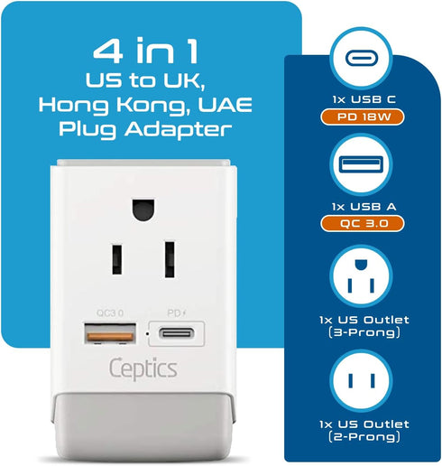 Ceptics UK Ireland Hong Kong Plug Adapter, International Power Plug with USB & USB-C - 2 USA Socket, QC 3.0 & PD - Type G Outlet Adapter for USA t...