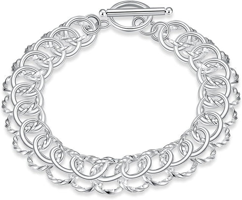 Fashion Sterling Silver 2 Layers Twisted Link Chain Bracelet with Diamond Cut Hight Polish Loops,Toggle Button 8" Gift for Women Men Teens...