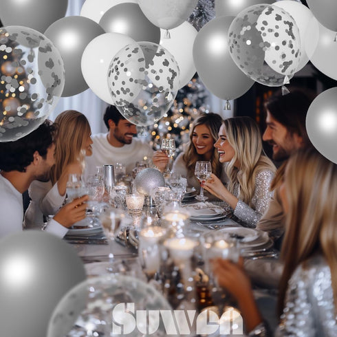 SUWEN 60PCS Metallic Silver Confetti Balloons Set Latex Helium Chrome Silver Balloon for Birthday New Year Baby Shower Wedding Party Decorations...