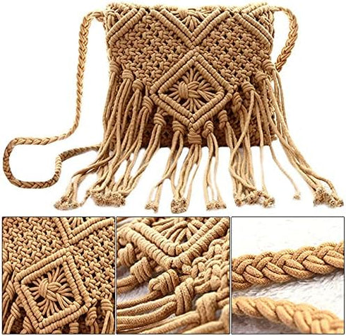 Van Caro Handwoven Cotton Straw Shoulder Bag Crochet Tassel Beach Bohemian Purse for Women...