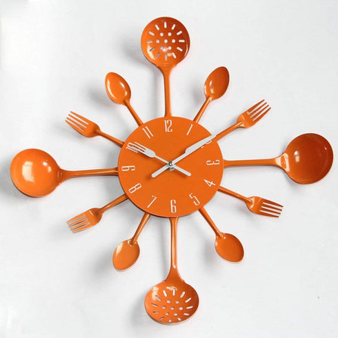 Timelike Wall Clock, 16" Metal Kitchen Cutlery Utensil Spoon Fork Wall Clock Creative Modern Home Decor Antique Style Wall Watch (Orange)...