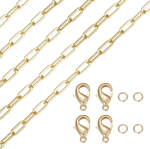 Beebeecraft 1 Box 2M Paperclip Chain 18K Gold Plated Oval Chunky Link Necklace with 10Pcs Lobster Claw Clasps 20Pcs Jump Rings for Jewelry Making...