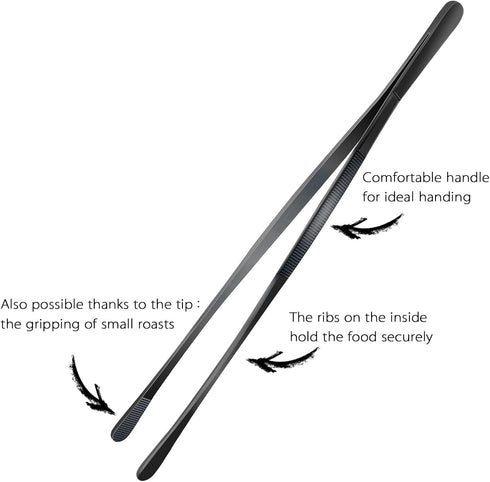 12-Inch Professional Kitchen & Cooking Tweezers Tongs - Stainless Steel Long Tweezer Tongs - Black Coated - BBQ,Plating,Multi-use...