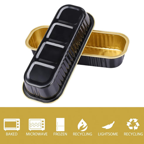 EUSOAR Creme Brulee Ramekins, 25pcs 6.8oz 6.5"x2.5"x1.2" Aluminum Foil Black Gold Baking Cups Pan Tin with Lids, Rectangle Disposable Ramekins Cup...