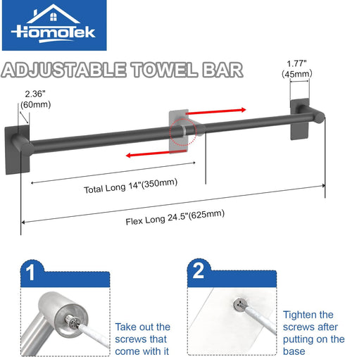 HOMOTEK Towel Bar Adjustable Self Adhesive Bathroom Towel Holder, Towel Rod Size from 14 Inch to 24.5 Inch Single Towel Racks, Towel Hanger Towel ...