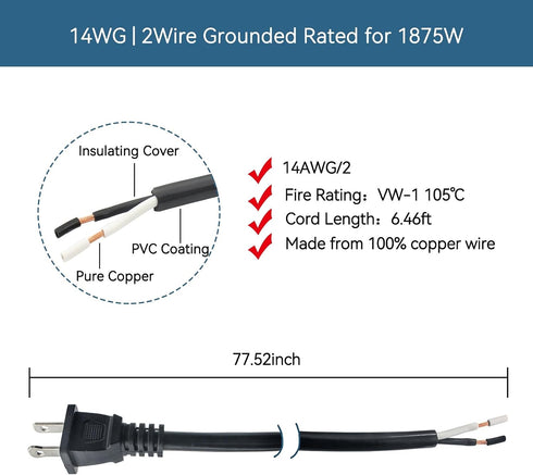 14 Gauge Replacement Power Cord 2 Prong?6.46Ft Cable 110V 115V 120V 300V Pigtail for Appliance, NEMA 1-15P 2 Prong Plug US SJT 14AWG (14/2), pigta...