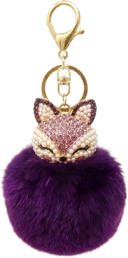 Honbay Faux Rabbit Fur Fluffy Keychain Fashion Fox Head Alloy Keychain Sparkly Rhinestone Handbag Backpack Car Keychain...