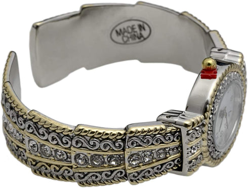 Metal Ladies Western Bangle/Cuff Watch with Simple Rhinestones on Band (Two Tone)...