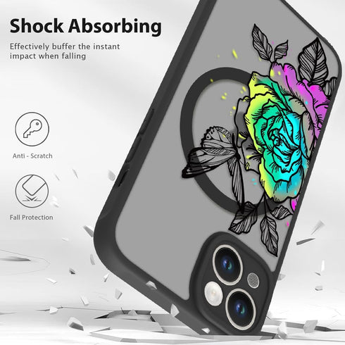 OOK Case for iPhone 15 Compatible with Magsafe Colorful Flower & Black Butterfly Design Drop-Resistant Skin-Friendly Cover Anti-Slip Full-Body Pro...