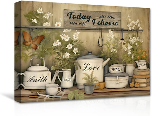 CXHOSTENT Farmhouse Kitchen Wall Art Rustic Flower Canvas Prints Country Tableware Pictures Wall Decor Farm Positive Quotes Painting Gift For Chri...