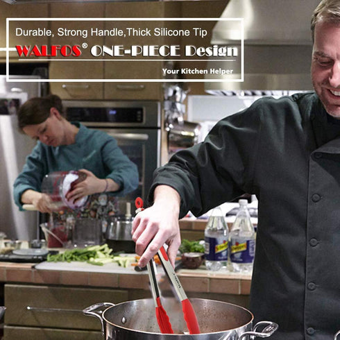 Walfos Silicone Tongs for Cooking - Heat Resistant kitchen tongs for Salad,Cooking, Grilling,Stainless Steel and BPA Free Silicone Tips set of 3 (...