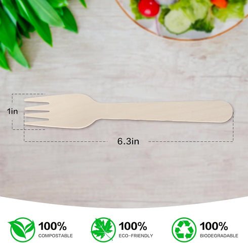 Disposable Wooden Forks 100Pcs, 6.5" Length Compostable Wood Cutlery Sharp Knife Utensils Eco-Friendly Flatware for Party Eating Cake Chocolate Se...