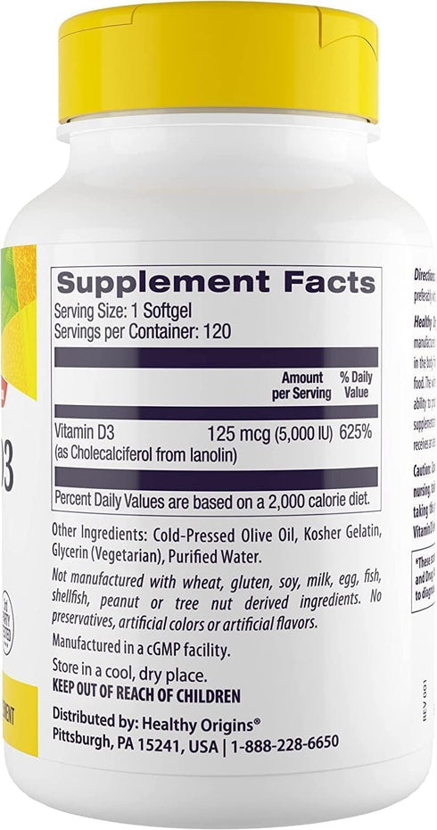 Healthy Origins Vitamin D3 5,000 IU (Non-GMO, High Potency, Bone Support, Immune Support, Gluten Free), 120 Softgels...