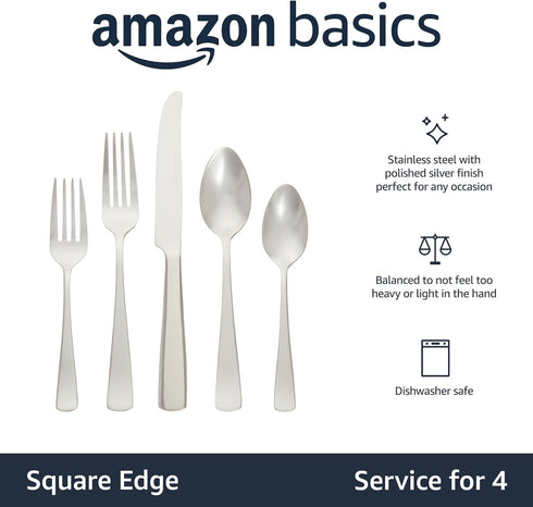 GiveAbay Basics 20-Piece Stainless Steel Flatware Set with Square Edge, Service for 4, Silver...