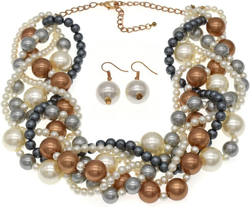 Womens Multi strand Chunky Statement Pearl Necklace Choker for Women Bride Wedding Jewelry set...
