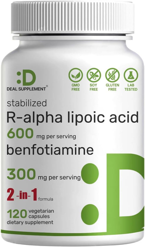 DEAL SUPPLEMENT R Alpha Lipoic Acid 600mg with Benfotiamine 300mg Per Serving, 120 Veggie Capsules – 200mg R-ALA Per Capsule – Antioxidant Supplem...