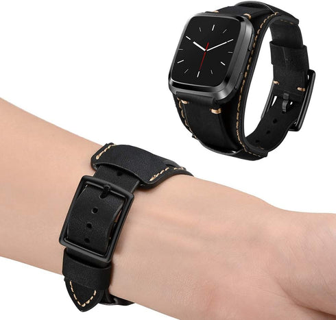 Compatible Fitbit Versa Bands, Genuine Leather Cuff Bracelet Replacement Strap with Stainless Steel Buckle for Men Women (Black)...