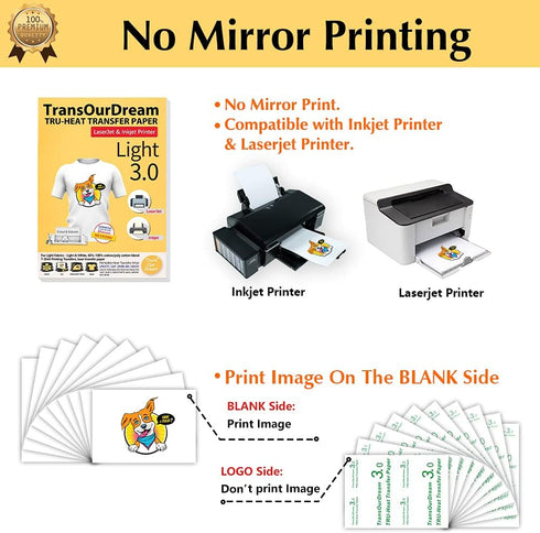 TransOurDream Tru-Heat Transfer Paper for Inkjet & Laserjet Printer (20 Sheets 8.5x11, 3.0) Printable HTV Heat Transfer Vinyl for T Shirts Iron on...