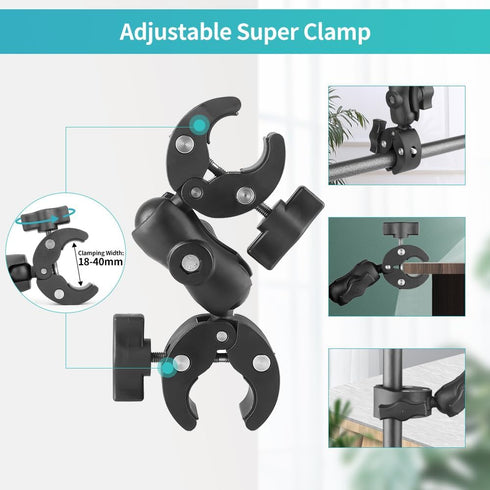 Super Clamp Double Camera Clamp, Double Mount Clamp Bracket Magic Arm Double Ball Head, Crab Plier Clip Bracket with Ballhead for Light Stand, Pho...