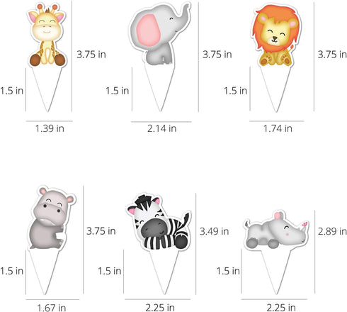 Pretty Cute Studios 48 Count Jungle Cupcake and Cake Toppers – Includes 8 Giraffes, 8 Zebras, 8 Elephants, 8 Lions, 8 Hippos, and 8 Rhinos...