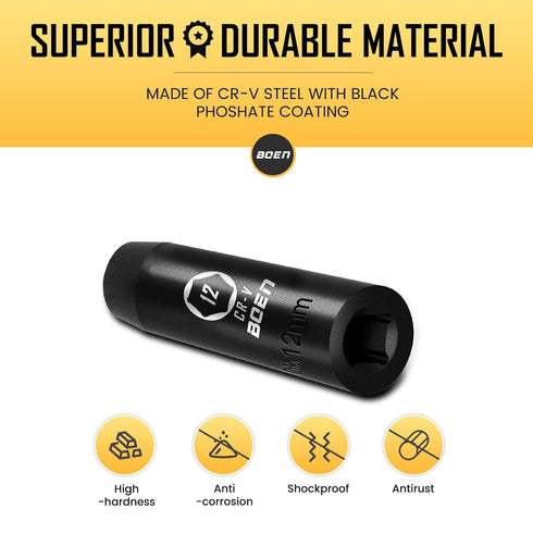 1/2" Drive Deep Impact Socket,12mm Premium Socket,Metric,6 Point,Cr-V Steel with Laser Marking - Strong and Durable...