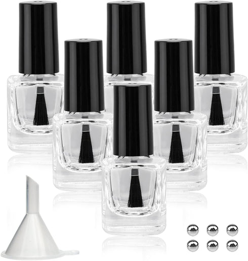 6PCS Empty Nail Polish Bottles with Funnel, Empty Fingernail Polish Bottles Glass Rectangle with Brush & Mixing Balls Black (5ML)...