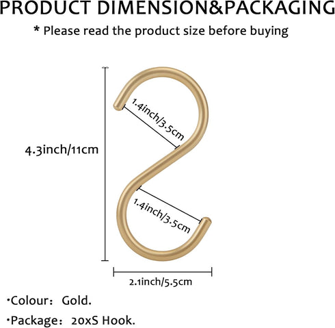 20Pcs Gold S Hooks,Aluminum Alloy S Shaped Universal Hooks,Heavy Duty S Hanger Hooks,Utility S Hooks for Bathroom,Cloakroom,Kitchen Pots Pans Cups...