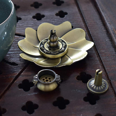 Sakura Flower Incense Holder, 5PCS Bronze Incense Burner Holder with Silk Pouch, Bowl-Shape, Lotus Multihole, Cone Shape and Gourd-Shape Ash Catch...