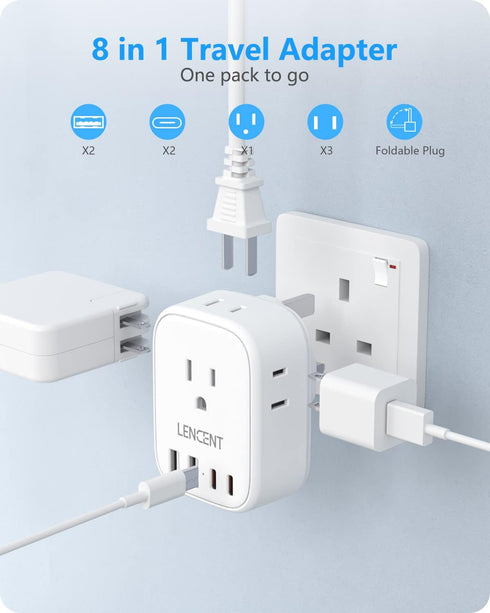 LENCENT US to UK Ireland Travel Plug Adapter, Grounded Type G Outlet Adaptor with 4 USB Charger(2 USB C), 4 Outlets Converter for USA to Dubai Sco...