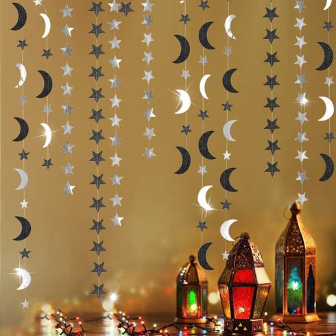 Cheerland Black Silver Moon Decoration Star and Gothic Summerween Decor Garland for Grunge Birthday Halloween New Year Eve Party Twilight Star Ban...