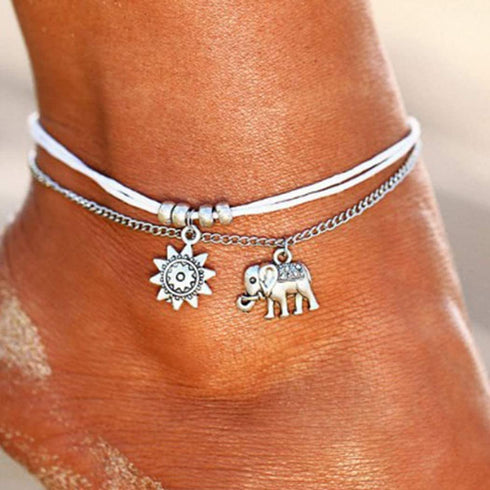 Vintage Layered Ankle Bracelets Sunflower Silver Anklets Chain Elephant Beach Foot Jewelry for Women and Girls...