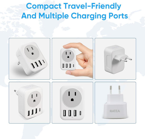 European Travel Plug Adapter, RATEA International Power Plug Adapter with 3 USB Type A, 1 Type C Outlet Adaptor Charger for US to Most of Europe E...