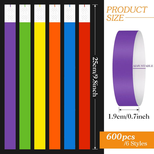 600 Counts Paper Wristbands Neon Wrist Bands Waterproof Hand Bands for Events Bulk Party Armbands Multicolor Pack Adhesive Bracelets Identificatio...