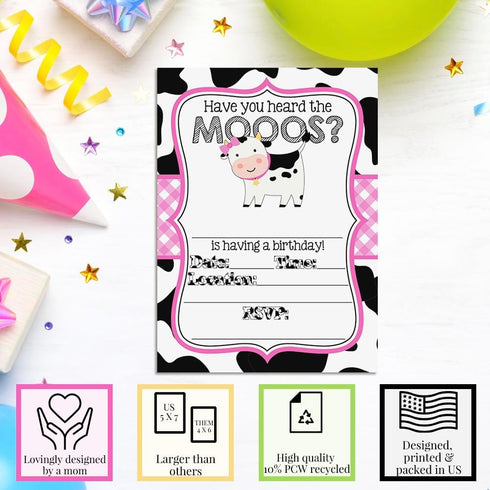 Heard the Moos Pink Cow-Themed Birthday Party Invitations for Kids, 20 5x7 Fill In Cards with Twenty White Envelopes by AmandaCreation...