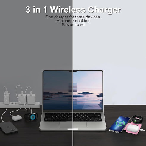 Miady 3 in 1 Charging Station for Apple Magsafe, 18W Magnetic Wireless Charger, Foldable Travel Charger for iPhone 15/14/13/12 Pro Max, for Apple ...