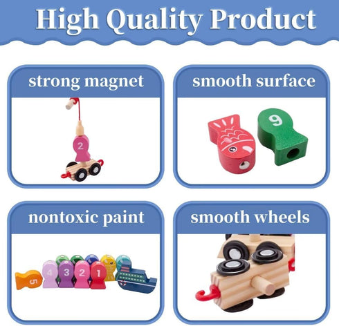 Magnetic Fishing Game for Kids, Wooden Train Set with Numbers Montessori Counting Toys, Preschool Math Learning Educational Game Birthday Gift Fin...