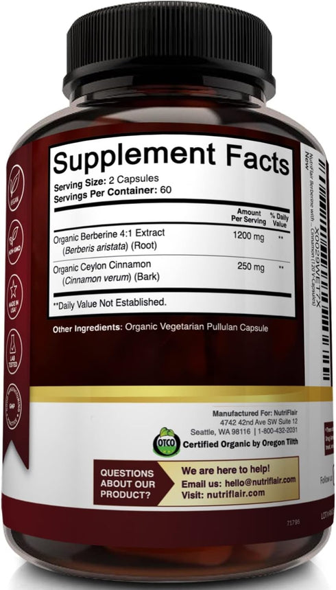 NutriFlair Organic Berberine with Ceylon Cinnamon 1450mg, 120 Capsules...