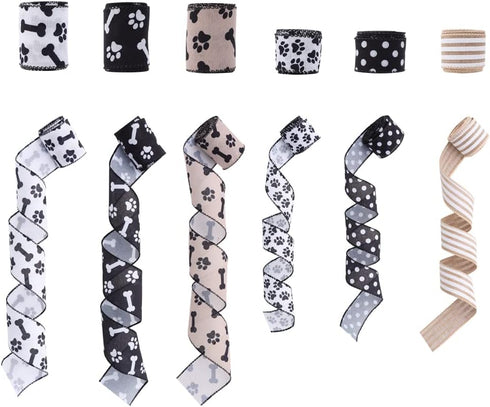 3 Rolls 1.5'' and 2.5'' Doggy Paw Print & Dog Ribbon(30 Yards), Lover Wired Edge Linen Ribbon,Stripes , Polka Dots Ribbons for Floral Arrangements...