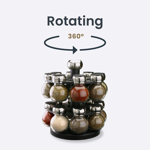 Olde Thompson Since 1944 Orbit Rotating Rack, 16 Refillable Spice Jars, Labeled Shaker Tops, 45, Black, Clear...