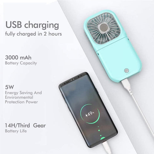 Portable Neck Fan Mini Quiet Handheld Personal Foldable USB Rechargeable Fan Operated for Home Office Outdoor Travel, 3000mAh Power Bank Hands Fre...