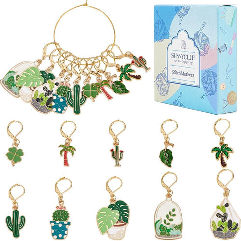 SUNNYCLUE 1 Box 20Pcs Stitch Markers Cute Lobster Clasp Charms Green Plants Cactus Crochet Stitch Marker Removable Knitting Stitch Markers Metal C...